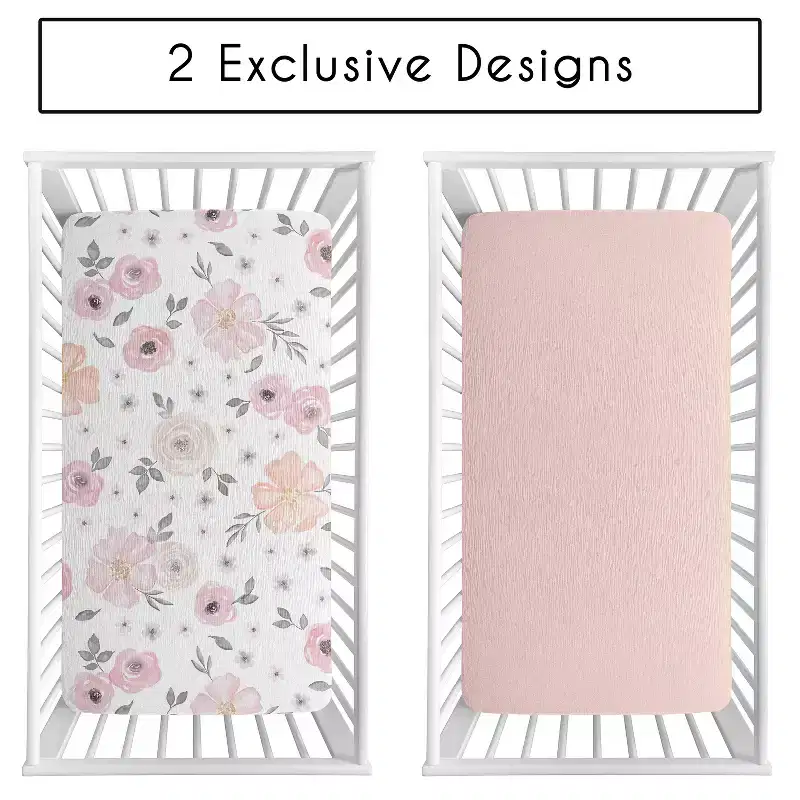 Sweet Jojo Designs Baby Girl Fitted 100% Cotton Muslin Crib Sheets Set Watercolor Floral Pink Grey and White 2pc