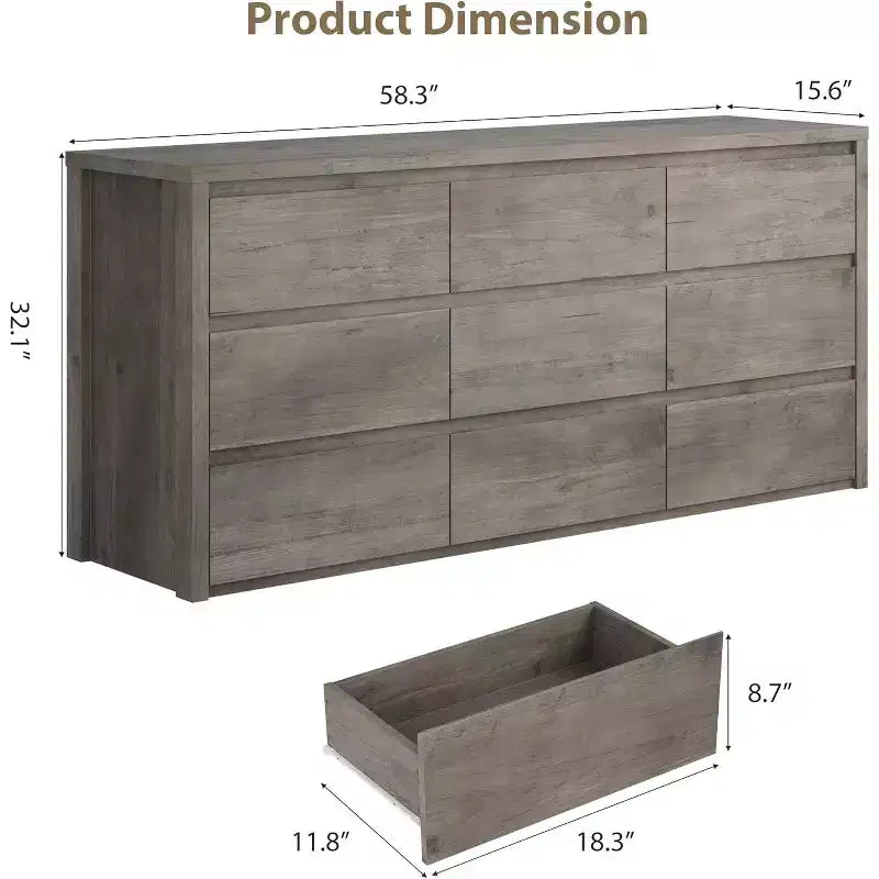 9-Drawer Wooden Dresser for Bedroom, Wide Modern Chest of Drawers, Large Storage Organizer for Living Room, Hallway, or Entryway
