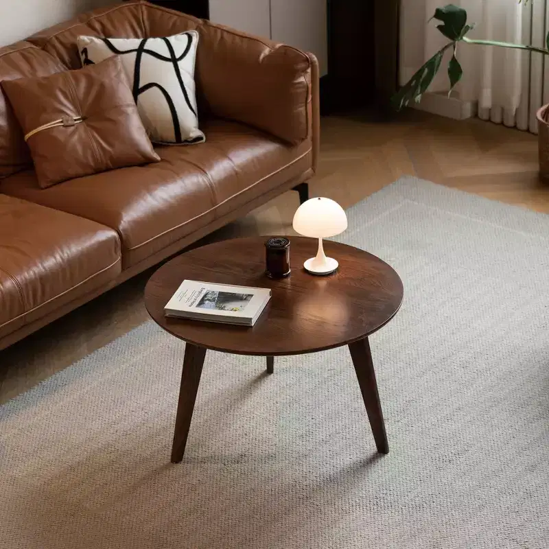 Round Solid Wood Coffee Table with Shelf, Brown, 3-Leg Base, 400 lb Capacity