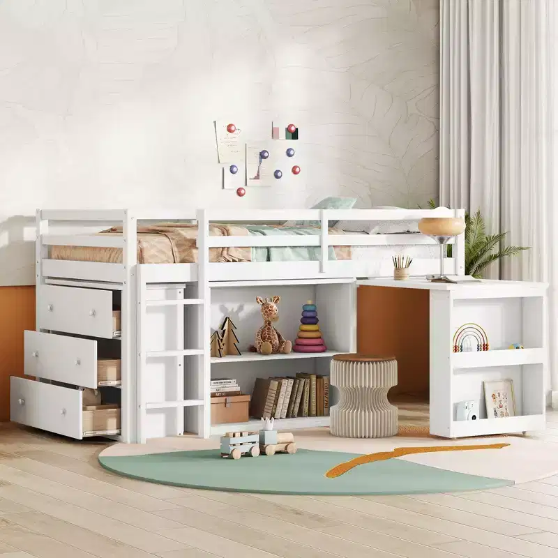 MAYEERTY Twin Loft Bed with Drawer Cabinet Shelf Cabinet and Pulling Out Desk,Rubber Wood Loft Bed with Guardrail Ladder White
