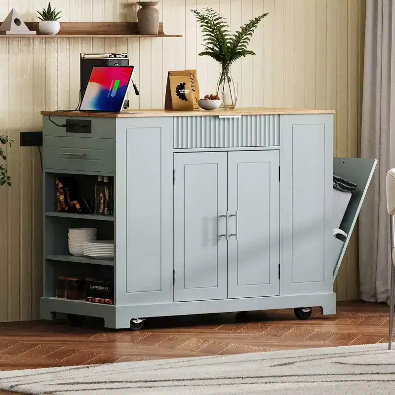 Okak Modrn Kitchen Island with Power Outlet & Tilt Trash Can,Rolling Kitchen Cart with Wheels & Racks,Storage Cabinet Dining Table