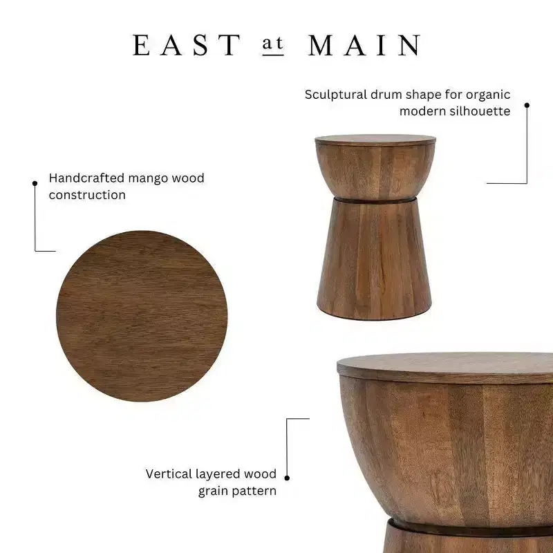 East at Main 16" Cinched Wood Drum Table Walnut: Handcrafted, Mango, No Assembly Required