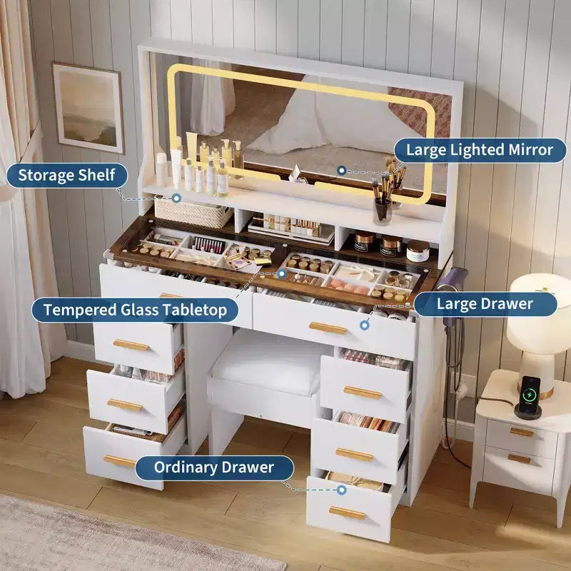 42 Vanity Desk with LED Lighted Mirror & Power Outlet - Modern Makeup Dressing Table with 8 Drawers, Glass Top, Cushioned Stool & Hairdryer Holder