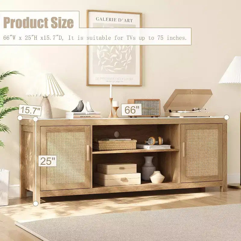 75 Rattan & Oak Boho TV Stand  2-Tier Entertainment Center with Adjustable Shelves, Media Cabinet for Living Room/Bedroom