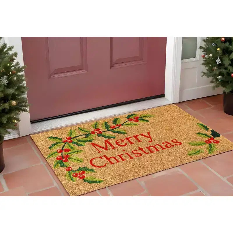 HomeRoots 24 X 36 Natural Red and Green Coir Merry Christmas Outdoor Christmas Door Mat