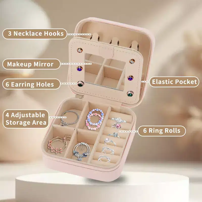 Unique Bargains Jewelry Storage Box with Mirror Letter A Travel for Necklace Earrings Ring Pink