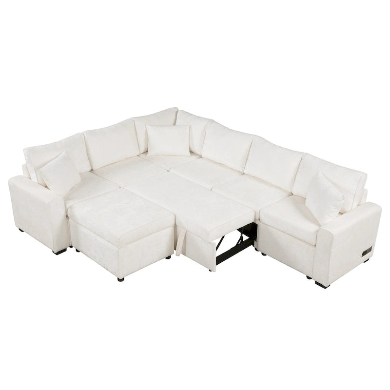 Chenille Sectional Sofa Pull-out Sofa Bed, L-Shape Sleeper Sofa with Storage Ottoman, 3 Pillows and Charging Devices