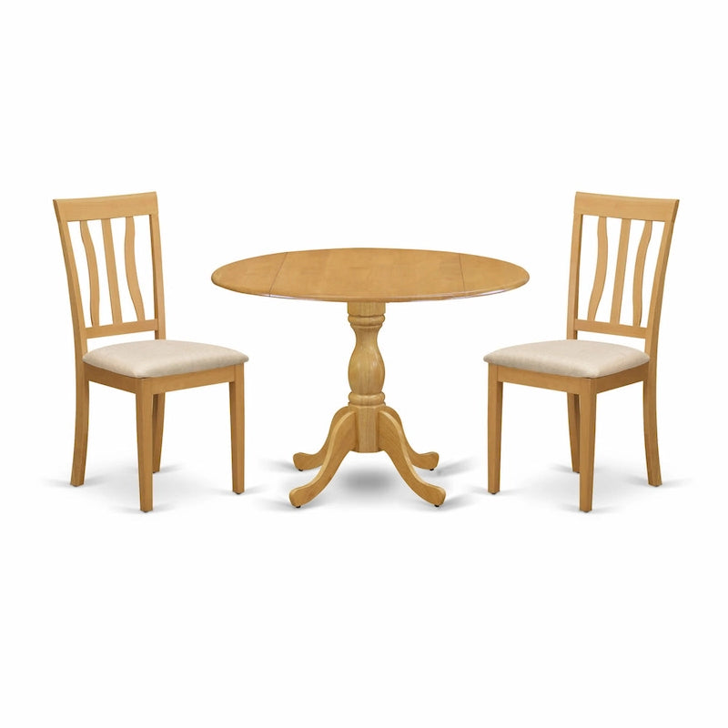East West Furniture Kitchen Table Set- a Round Dining Room Table with Dropleaf and Linen Fabric Chairs, Oak (Pieces Option)