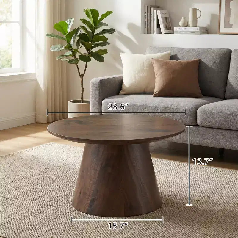 JVNOXK Walnut wood grain medium density fiberboard circular coffee table - diameter 23.6 inches, height 13.7 inches