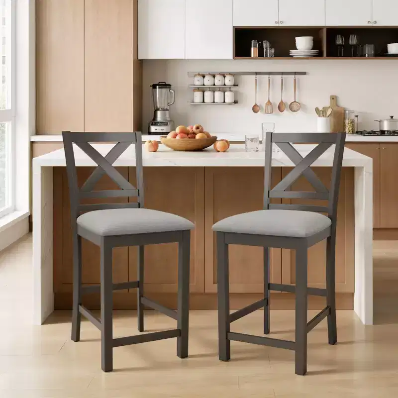 Ergonomic Bar Stools with X-Back Design, Breathable Fabric, Footrest, for Dining Room and Bar