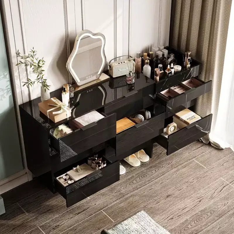 Gloss Dresser with Marble Accents, 6-Drawer Storage Cabinet for Bedroom, Living Room & Kitchen