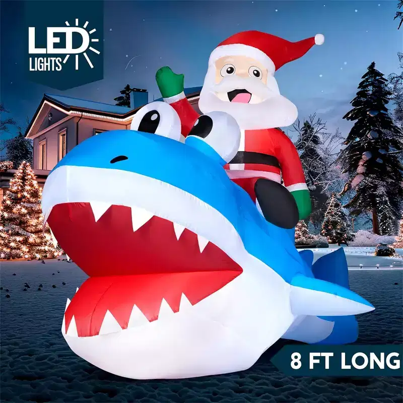 Joyfy 8 FT Long Christmas Inflatables Outdoor Decorations, Blow Ups Santa Riding on Shark with Built-in LEDs for Xmas Party Yard Garden Decoration