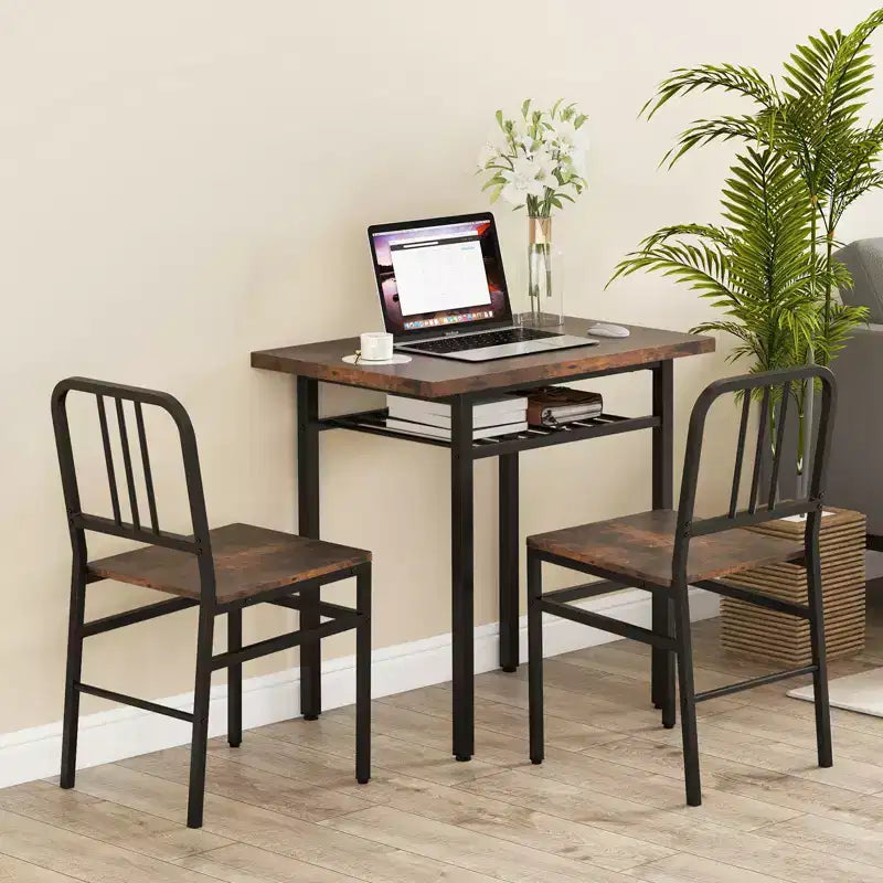 Costway 3-Piece Rectangular Dining Table&Chairs Set Wooden Breakfast Nook w/Storage Rack Rustic Brown & Black