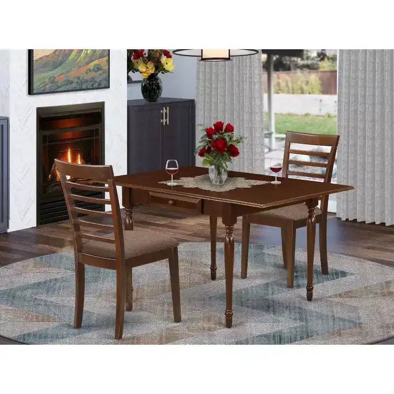 HomeStock 3-Pc Mahogany Finish Solid Wood Top With Dropleaf Dining Table Set