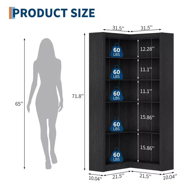 71.8 Tall Corner Bookshelf, 5-Tier L-Shaped Large Bookcase with Anti-Tipping Kit, Space-Saving Storage for Home & Office