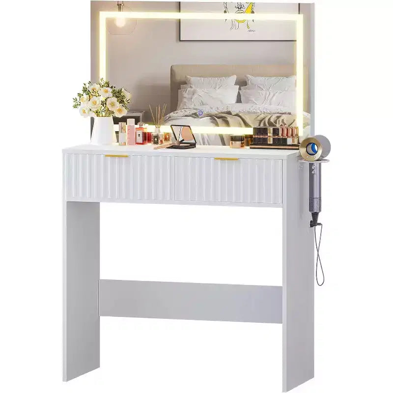 Fluted Vanity Desk with Large Mirror, Makeup Vanity with 2 Drawers, Make Up Table for Bedroom