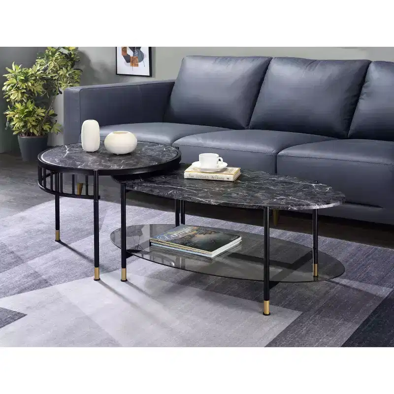 Acme Furniture 40" Silas Accent Table Set with Shelf: Faux Marble, Round, Metal Base