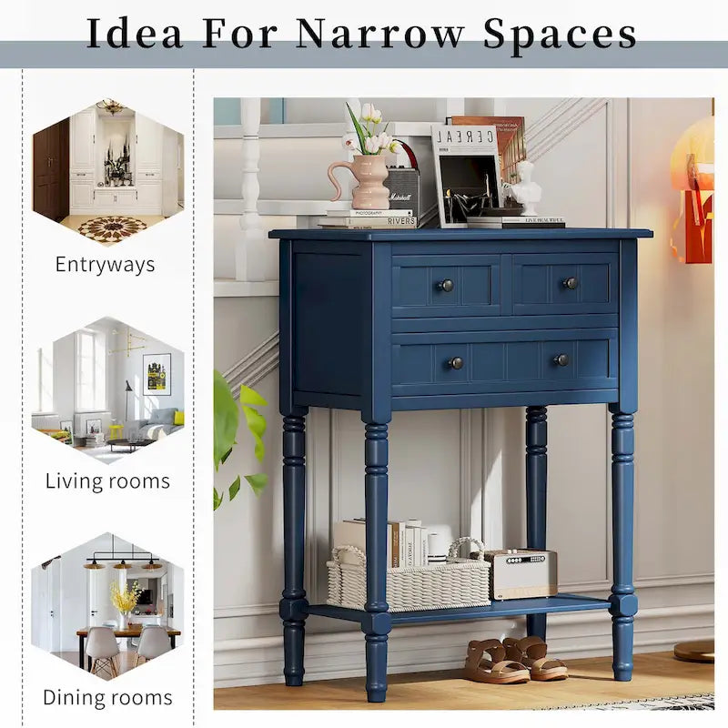 Narrow Console Table with Drawers and Bottom Shelf