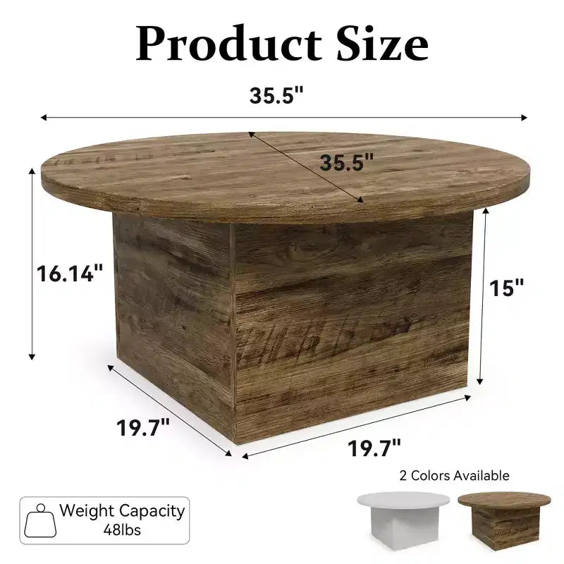 Round Coffee Table, 35-Inch Engineered Wood, Mid-Century Style, Beige