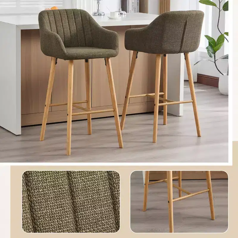 Zeus & Ruta Modern Linen Upholstery Bar Stools Set of 2 with Back, Armrest & Wood Legs, Kitchen Island Height
