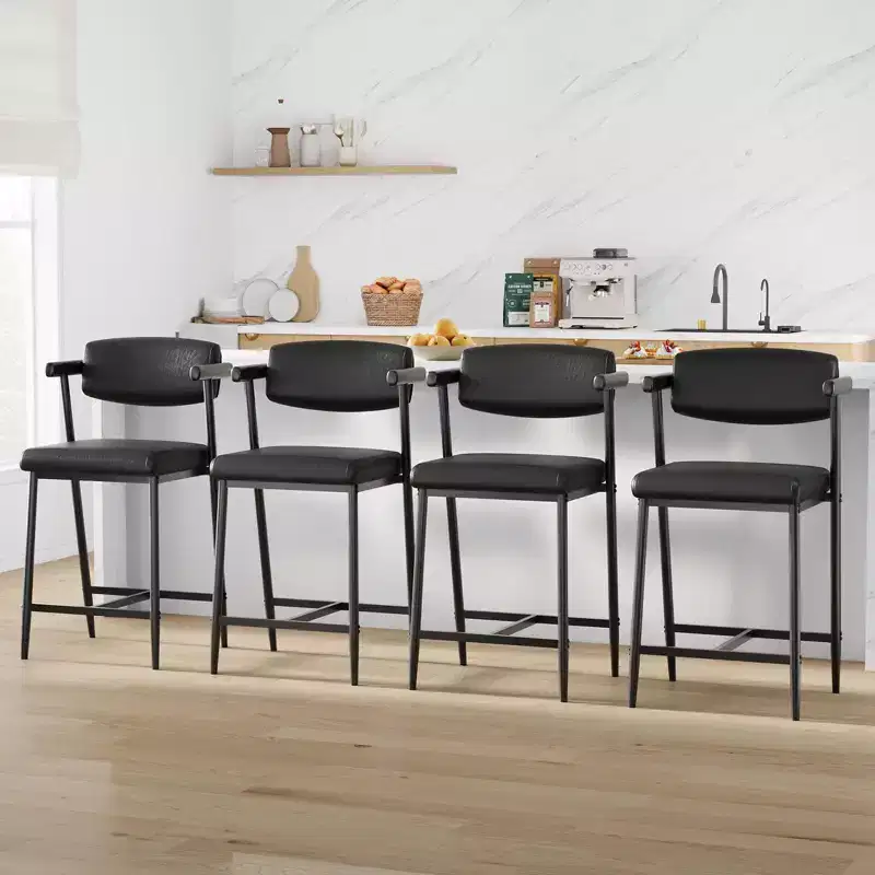 Bar Stools Set of 4 with Arms, 26 Counter Height, Modern Metal Barstools with Back & Footrest, Wide Seat for Kitchen Island Easy Assembly