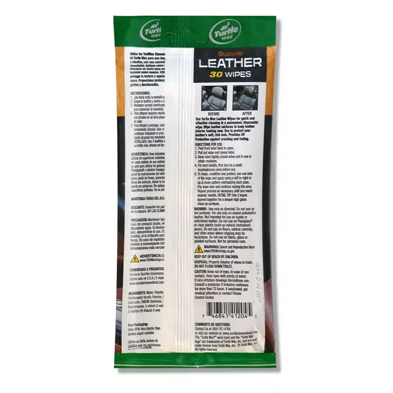 Turtle Wax 30ct Leather Auto Wipes Pouch: Car Interior Cleaner, Leather Wipes, Automotive Cleaning Supplies, Musk Scent