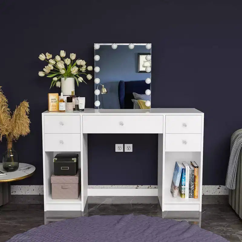 Anthea Lighted Makeup Vanity White - Boahaus: 5 Drawers, 14 LED Bulbs, Wood Laminate, 50.31" H