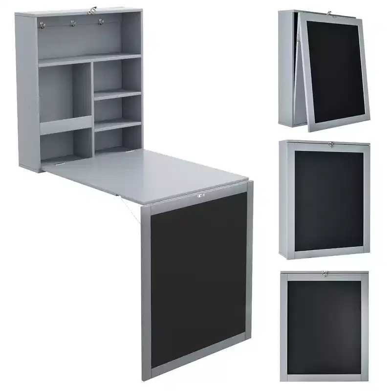 Costway Wall Mounted Table Fold Out Convertible Desk with A Blackboard/Chalkboard Black\Brown\White\Grey