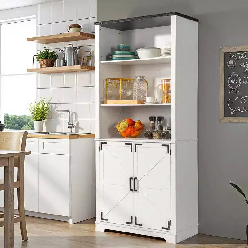 White 70.86in Display Cabinet with 3 Open Shelves and 2 Doors