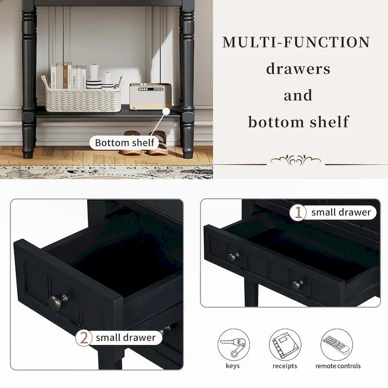 Narrow Console Table with Drawers and Bottom Shelf