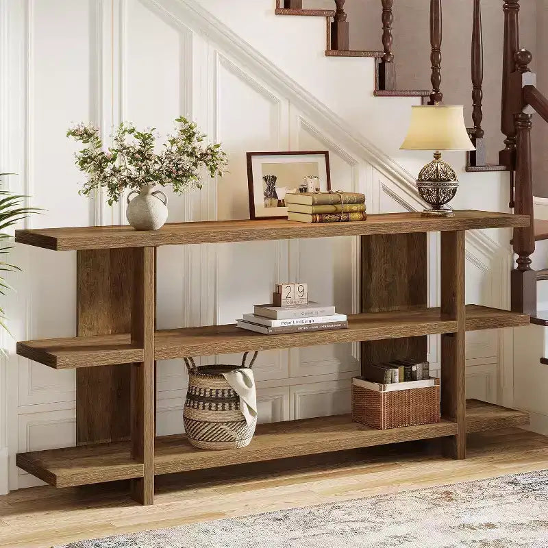 Lantine 63-Inch Long Console Table, Wooden Entryway Table with 3-Tier Storage Shelf, Farmhouse Foyer Sofa Furniture for Living Room, Hallway