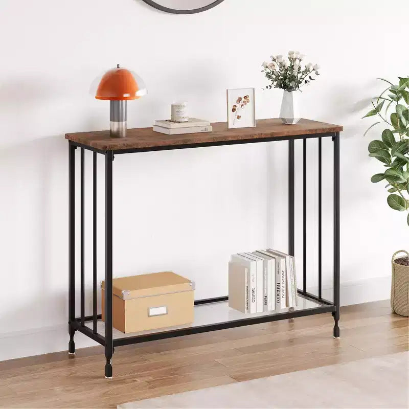 Console Table  2-Tier Industrial Entryway Table with Glass Shelf (Rustic Brown, for Living Room/Hallway/Bedroom)