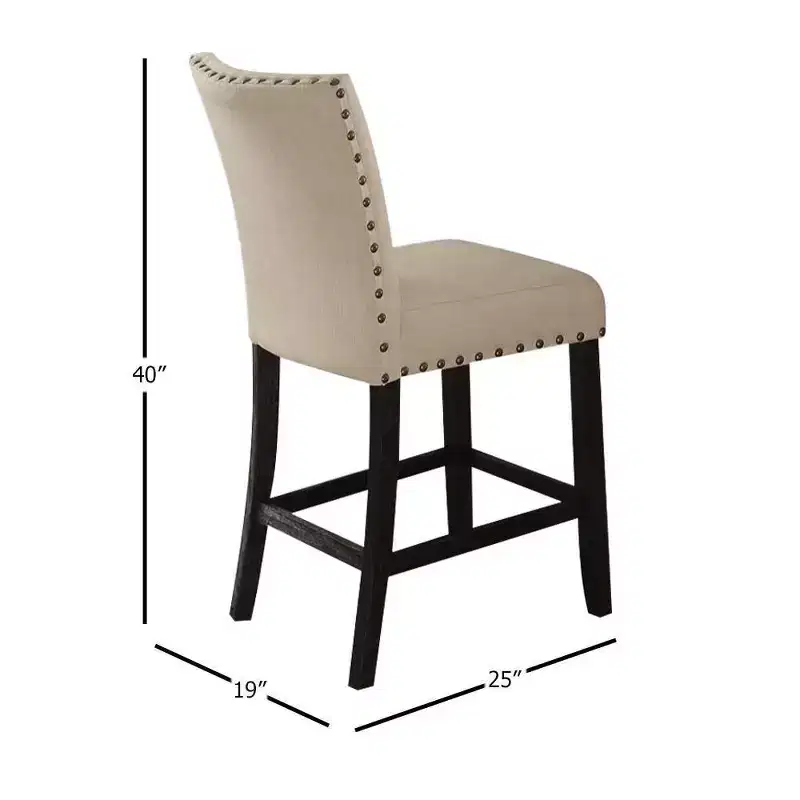 25" Set of 2 Nolan Counter and Bar Stools Beige Linen/Salvage Dark Oak Finish - Acme Furniture: Padded Seat, Nailhead Trim, Metal Frame