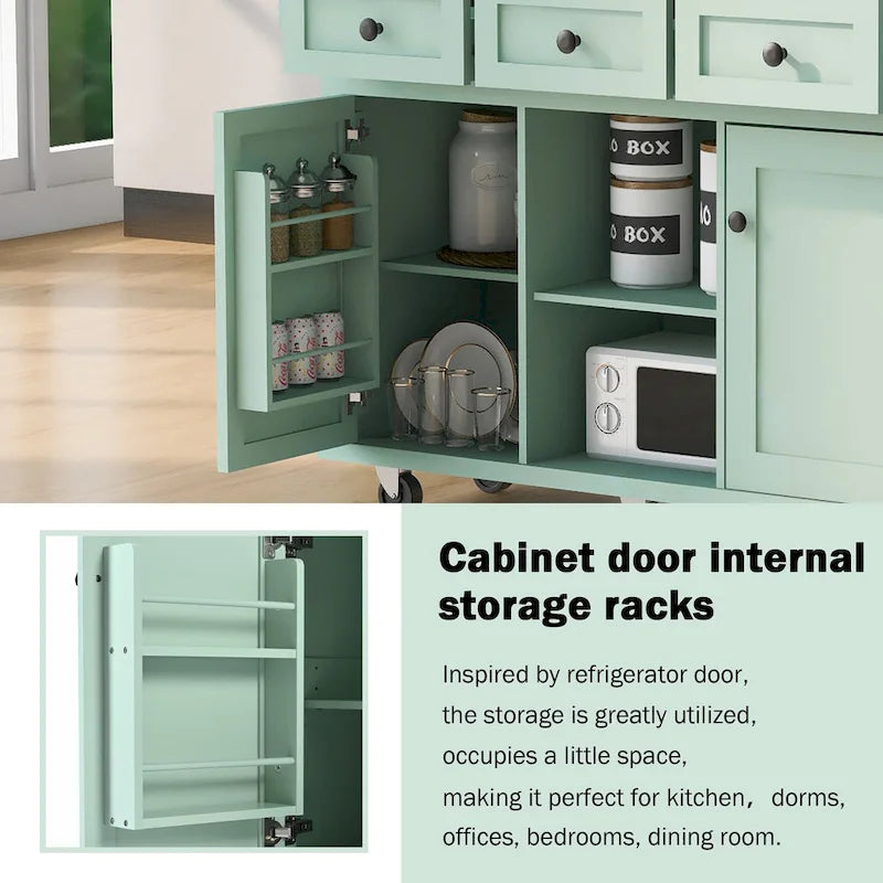 White Rolling Kitchen Island Cart with 5 Wheels Drop Leaf Rubberwood Top 3 Drawers and Spice Rack