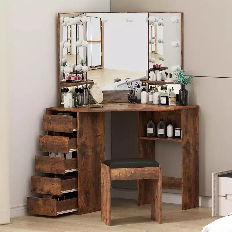 Corner Vanity Desk and Bench, Makeup Vanity Table with 3-Folding Lighted Mirrors, Charging Station, 5 Drawers for Bedroom
