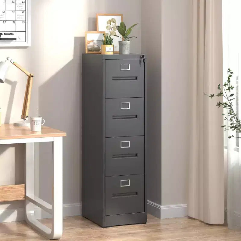 VIYET 52H 4-Drawer Narrow Metal Vertical File Cabinet with Lock, Black Steel Filing Cabinet for Home Office, Fits A4/Legal/Letter (Assembly Required)