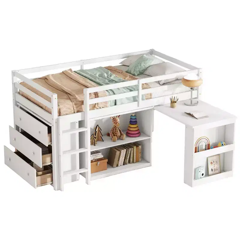 MAYEERTY Twin Loft Bed with Drawer Cabinet Shelf Cabinet and Pulling Out Desk,Rubber Wood Loft Bed with Guardrail Ladder White