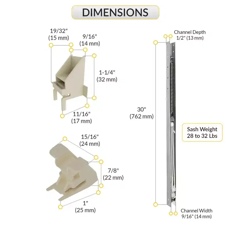 Brixwell Aluminum Window Channel Balance, 30 Length, For 28 to 32 lbs. Sash, 1-1/4 Top and 7/8 Bottom Sash Guide Height