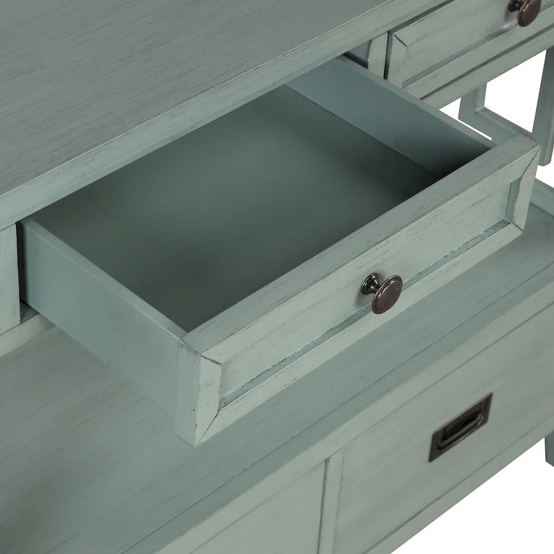 36 in. Farmhouse Pine Wood Console Table with 4 Drawers and Open Shelf
