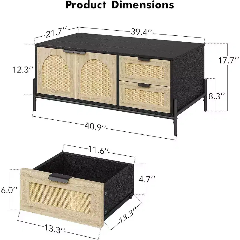Farmhouse Rattan Coffee Table with 2 Drawers, Storage Cabinet & Open Shelf, Metal Frame Rectangle End Table Black & Oak
