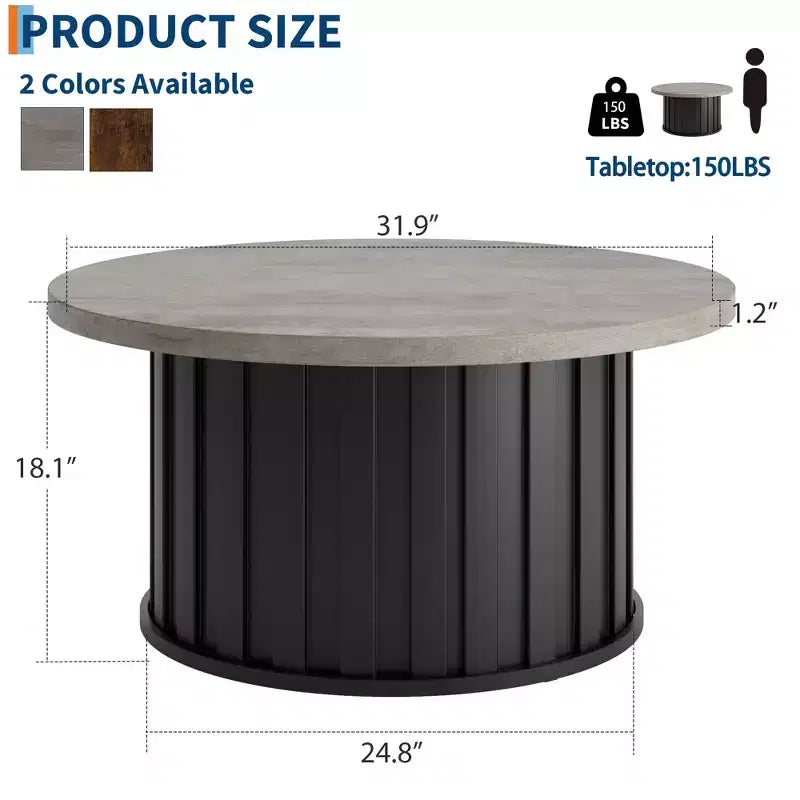 COZONY Round Coffee Table with Fluted Design and Metal Base, Mid-Century Modern Center Table for Living Room Apartment