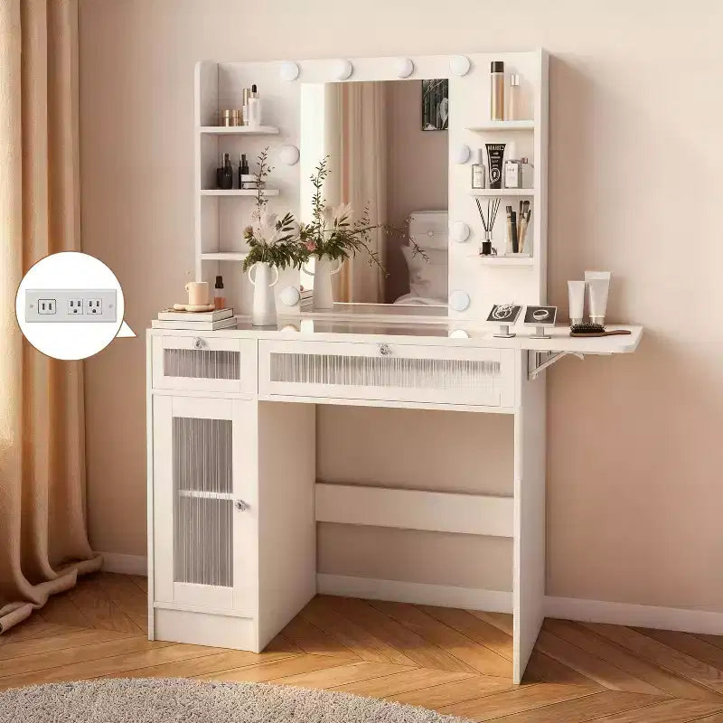 White Dressing Table with Mirror and Desk Lamp, USB Charging Port, Cabinets and Drawers