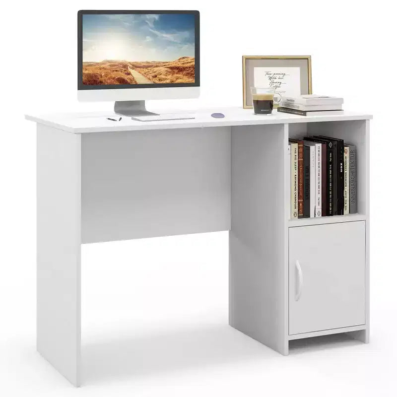 Modern White Computer Desk with Cabinet, Open Shelf and Cable Management