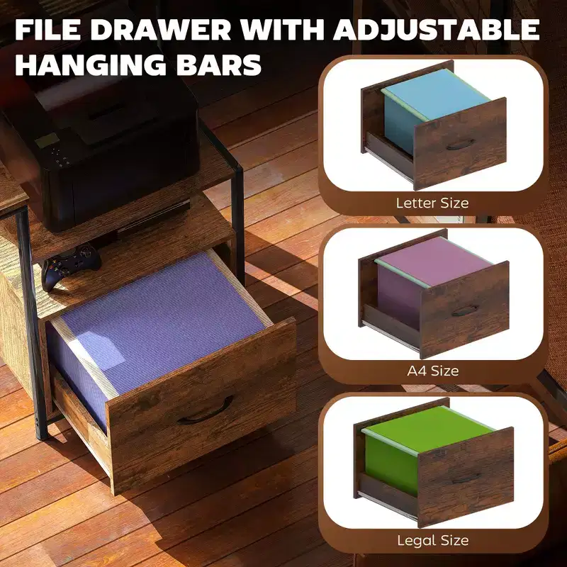 Computer Desk with Power Outlets and LED Lights, 67 Computer Table with File Cabinet and Fabric Drawers