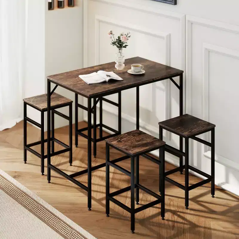 HOMCOM 5-Piece Industrial Dining Table Set, Bar Table & 4 Stools Set, Space Saving for Pub & Kitchen, Black/Brown