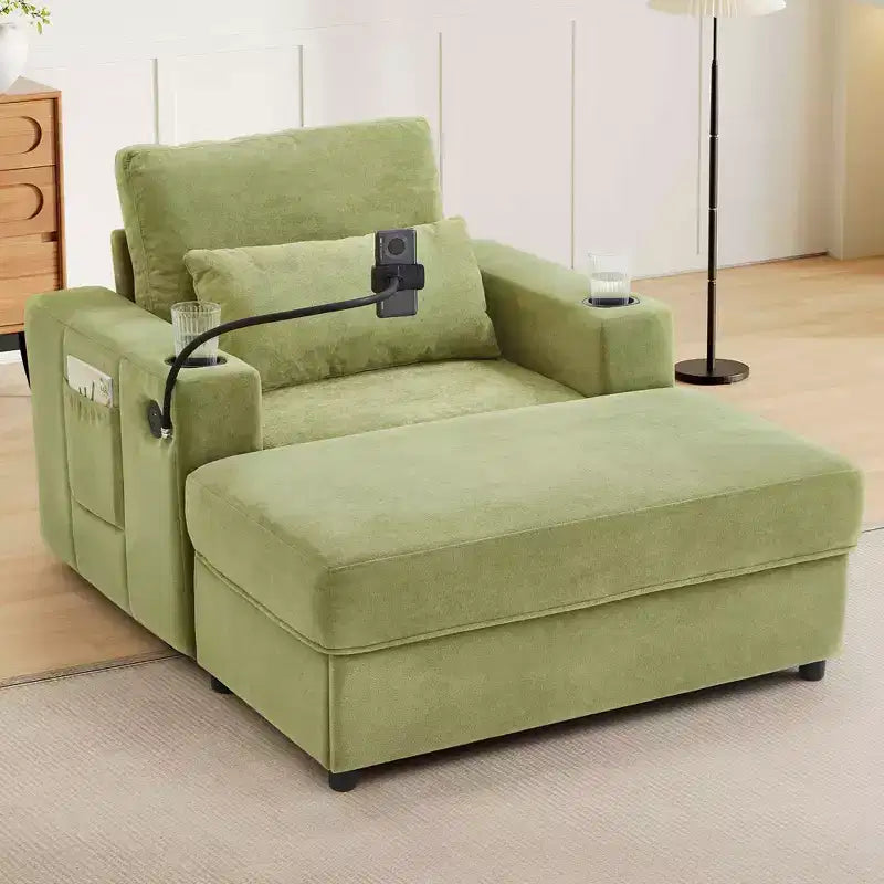 MAYEERTY Modern Style Armhair 42.5 Chaise Lounge Sofa with Movable Storage Ottoman Ports Two Cup Holders Side Pockets for Living Room Green