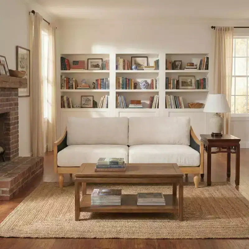 Mid-century Loveseat Sofa with Soft Upholstery, Rattan Armrests & Wooden Legs, 2-Seater Sofa for Living Room, Bedroom, or Apartment-Panipeachy