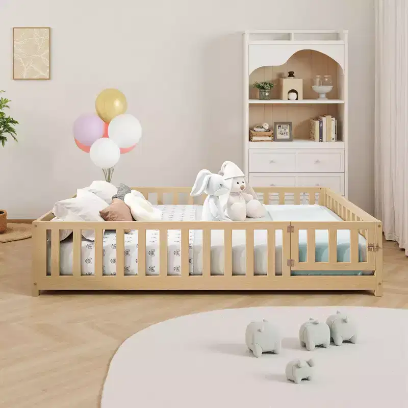 TUYOHW Full Size Toddler Floor Bed for Kids with Support Slats and Door,Modern Montessori Bed with Guardrails for Bedroom