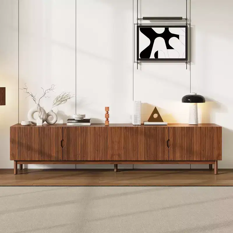87-Inch TV Stand for TVs up to 90 Inches, Media Console with 4 Cabinets, Solid Wood Legs & Vertical Groove Panel, Modern Entertainment Center