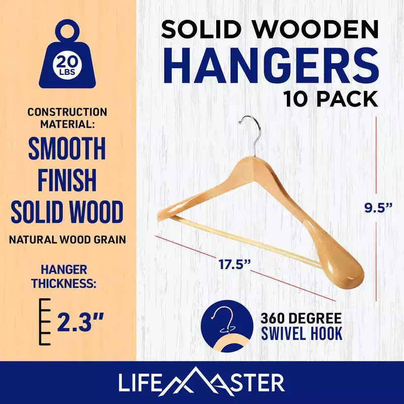 Lifemaster Solid Wooden Hangers for Clothes - Heavy Duty Suit Hanger Set with Chrome 360 Swivel Hook- Wide Shoulder Wooden Coat Hangers